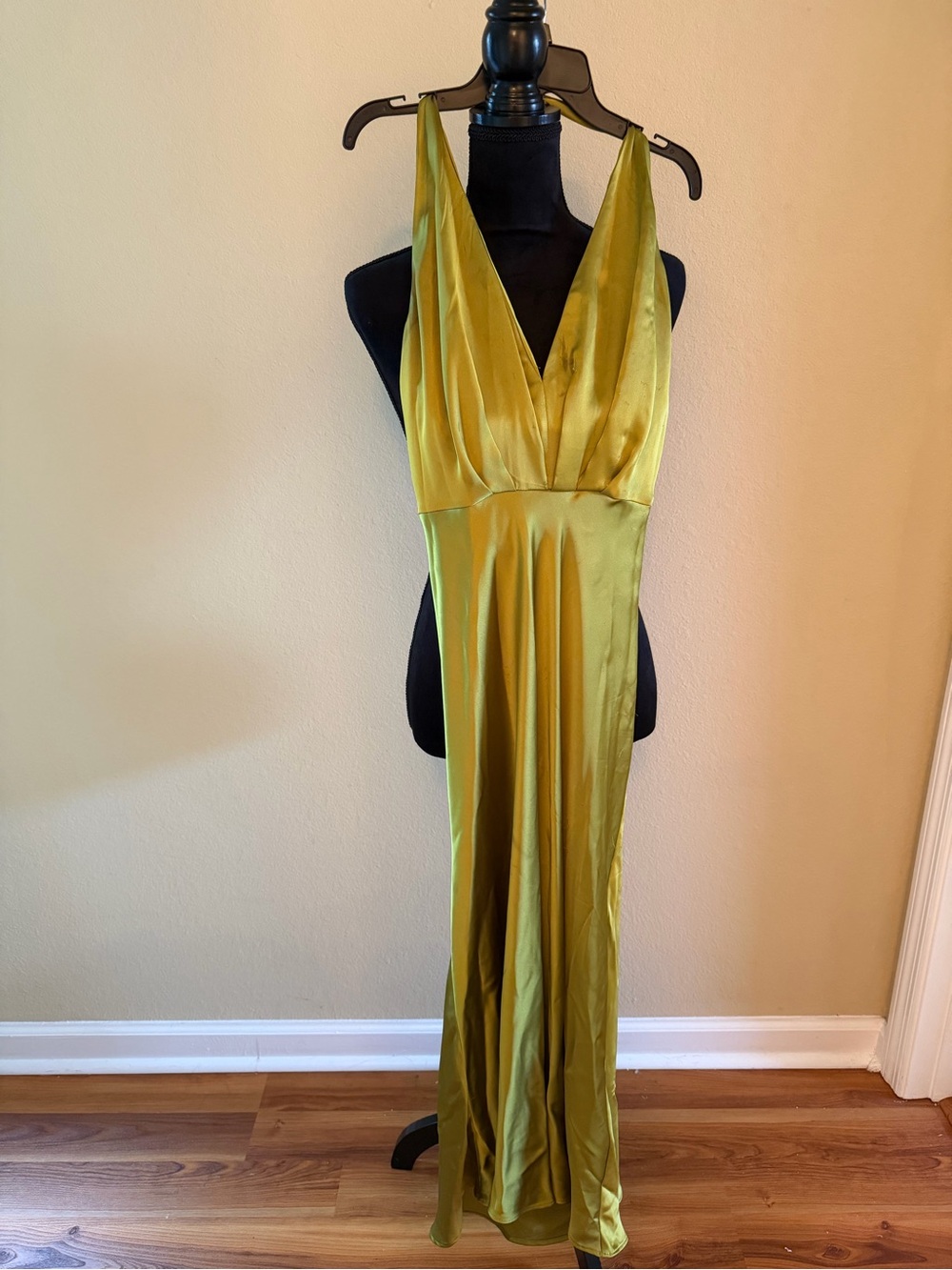 Zara Olive Satin Halter V-Neck Maxi Dress
